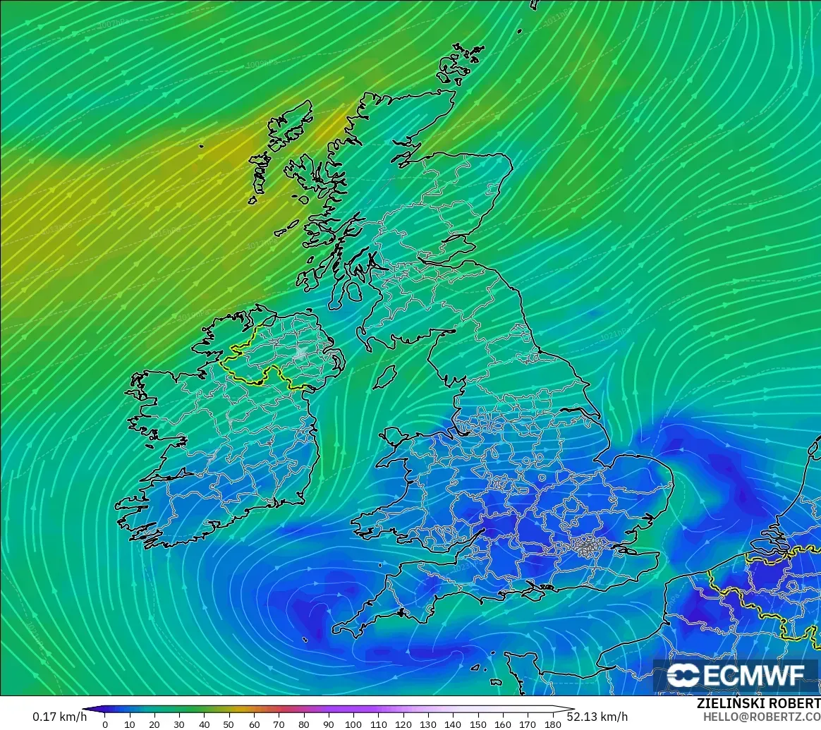 ECMWF IFS 0.25° модель - Ұлыбритания, Жел 10 м