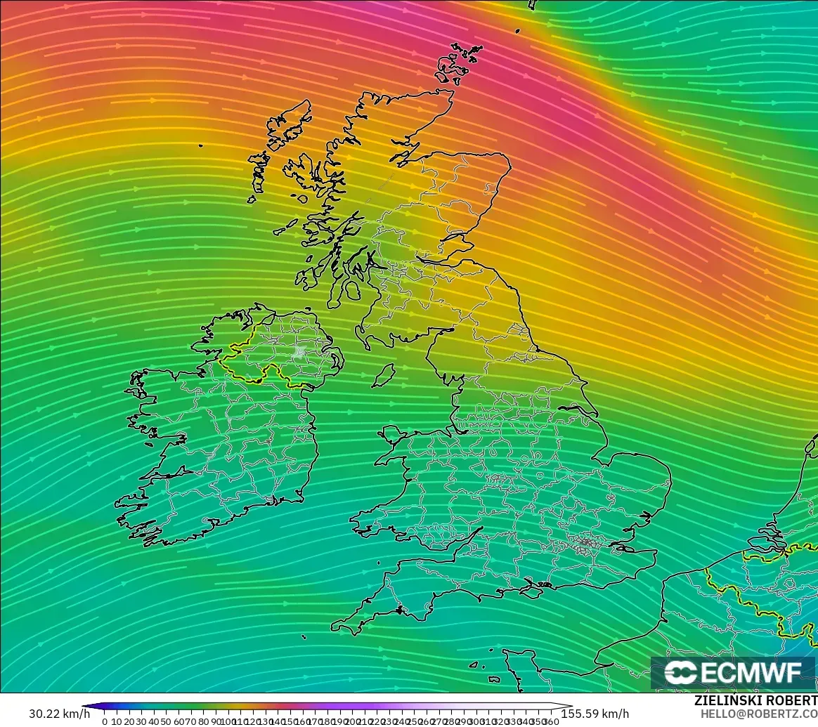 ECMWF IFS 0.25° модель - Ұлыбритания, Жел 300 hPa (жайт ағысы)