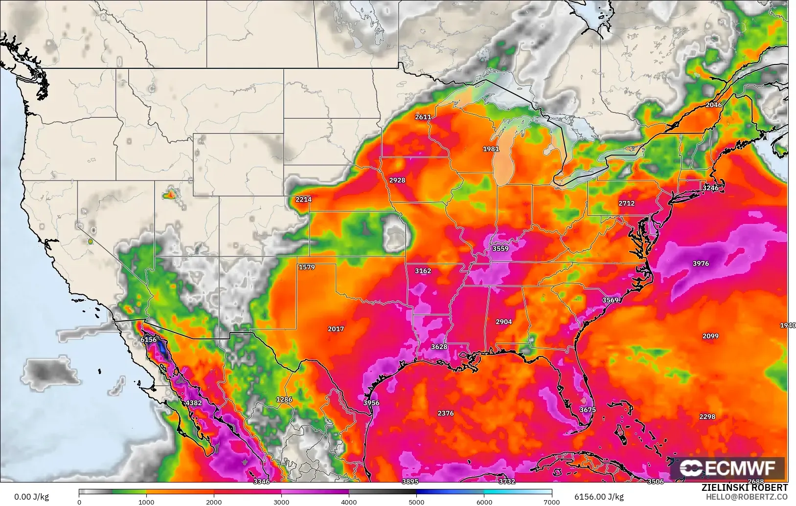 ECMWF IFS 0.25° модель - АҚШ, CAPE
