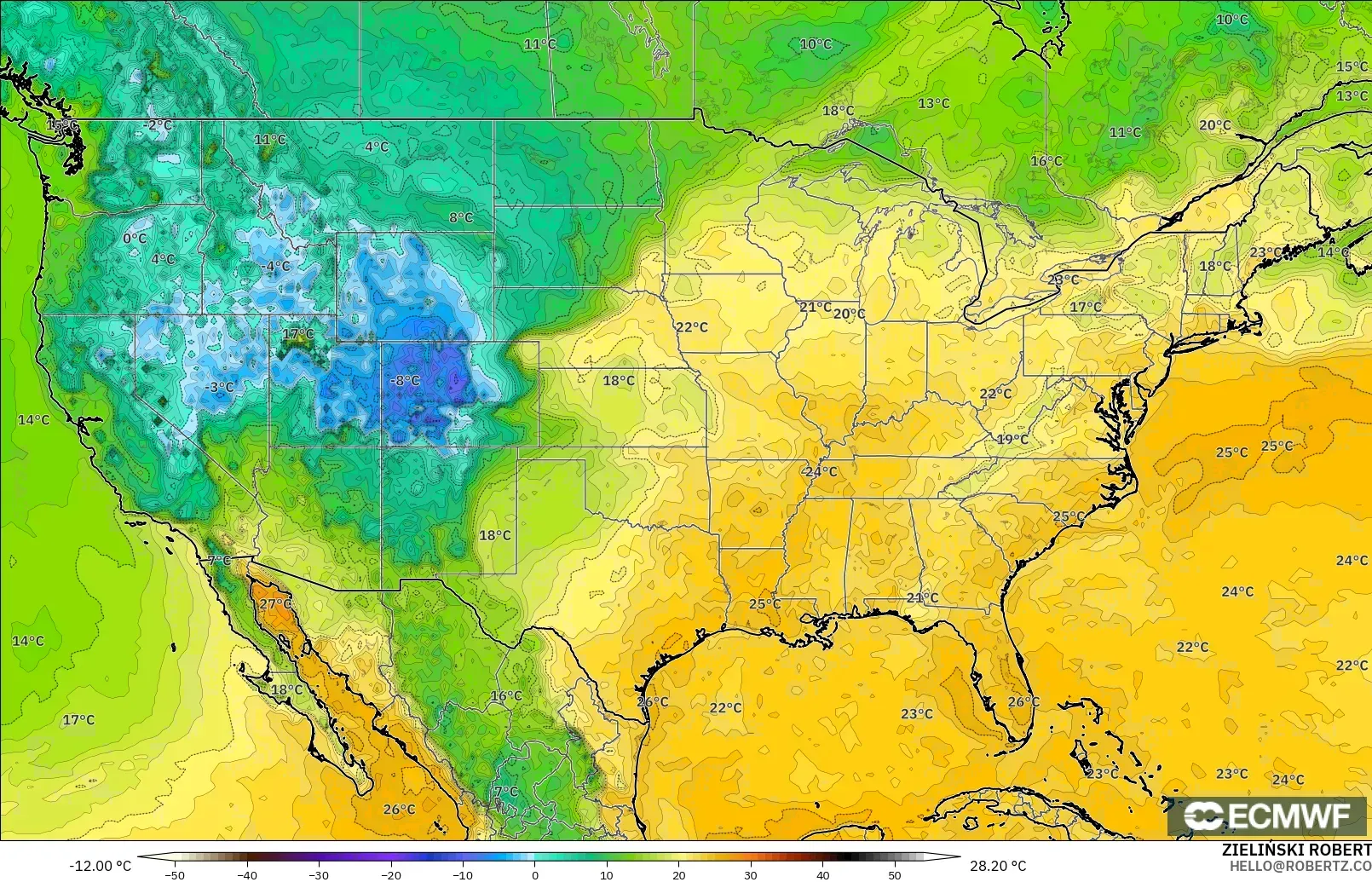 ECMWF IFS 0.25° модель - АҚШ, Шық Нүктесі 2 м