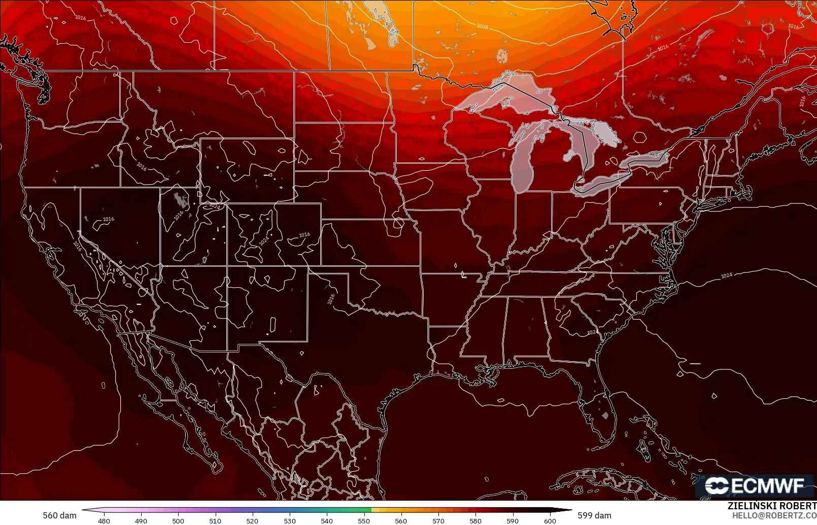 ECMWF IFS 0.25° модель - АҚШ, 500 гПа деңгейіндегі геопотенциал биіктігі