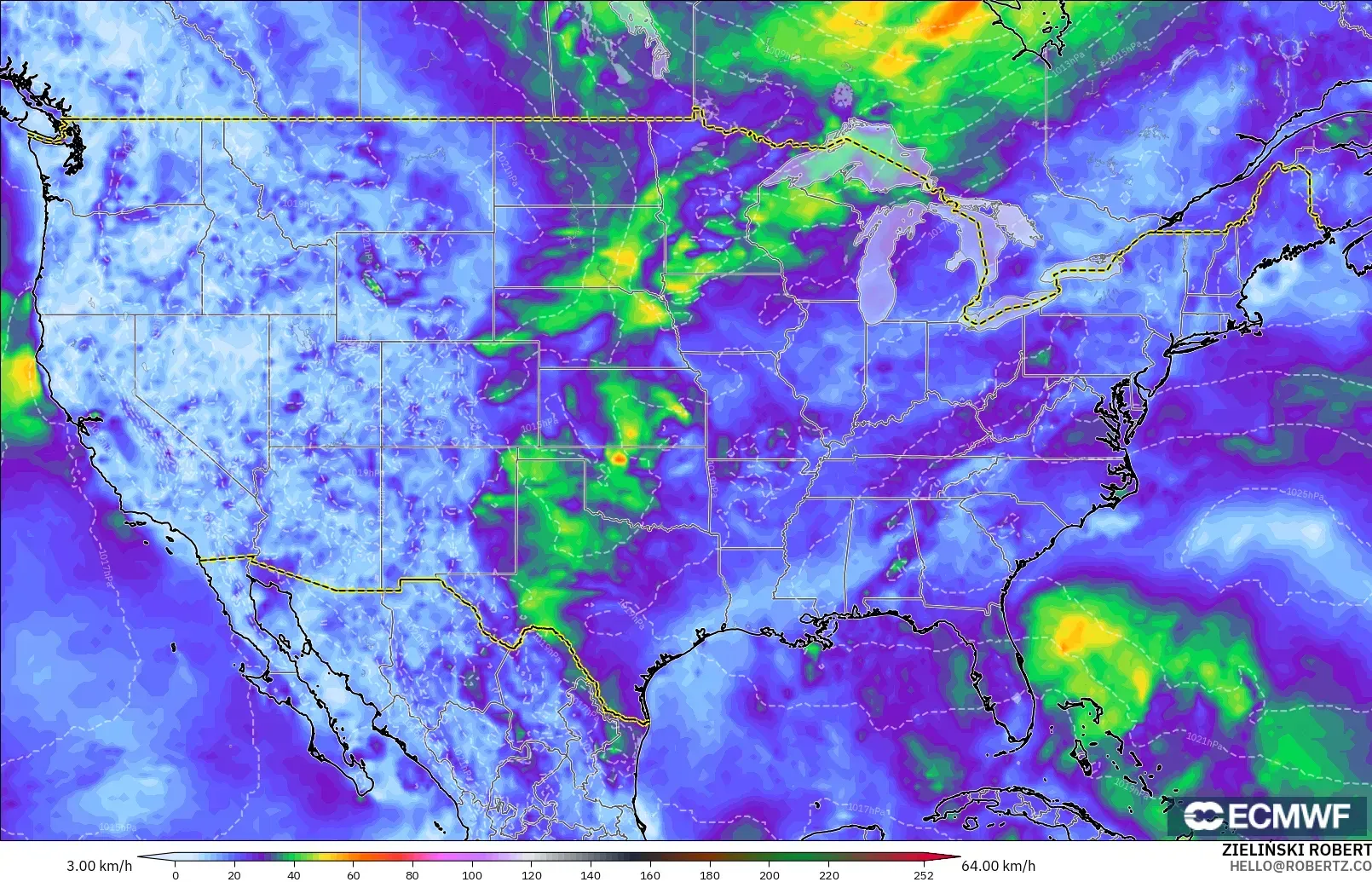 ECMWF IFS 0.25° модель - АҚШ, Ең Жоғары Екпін