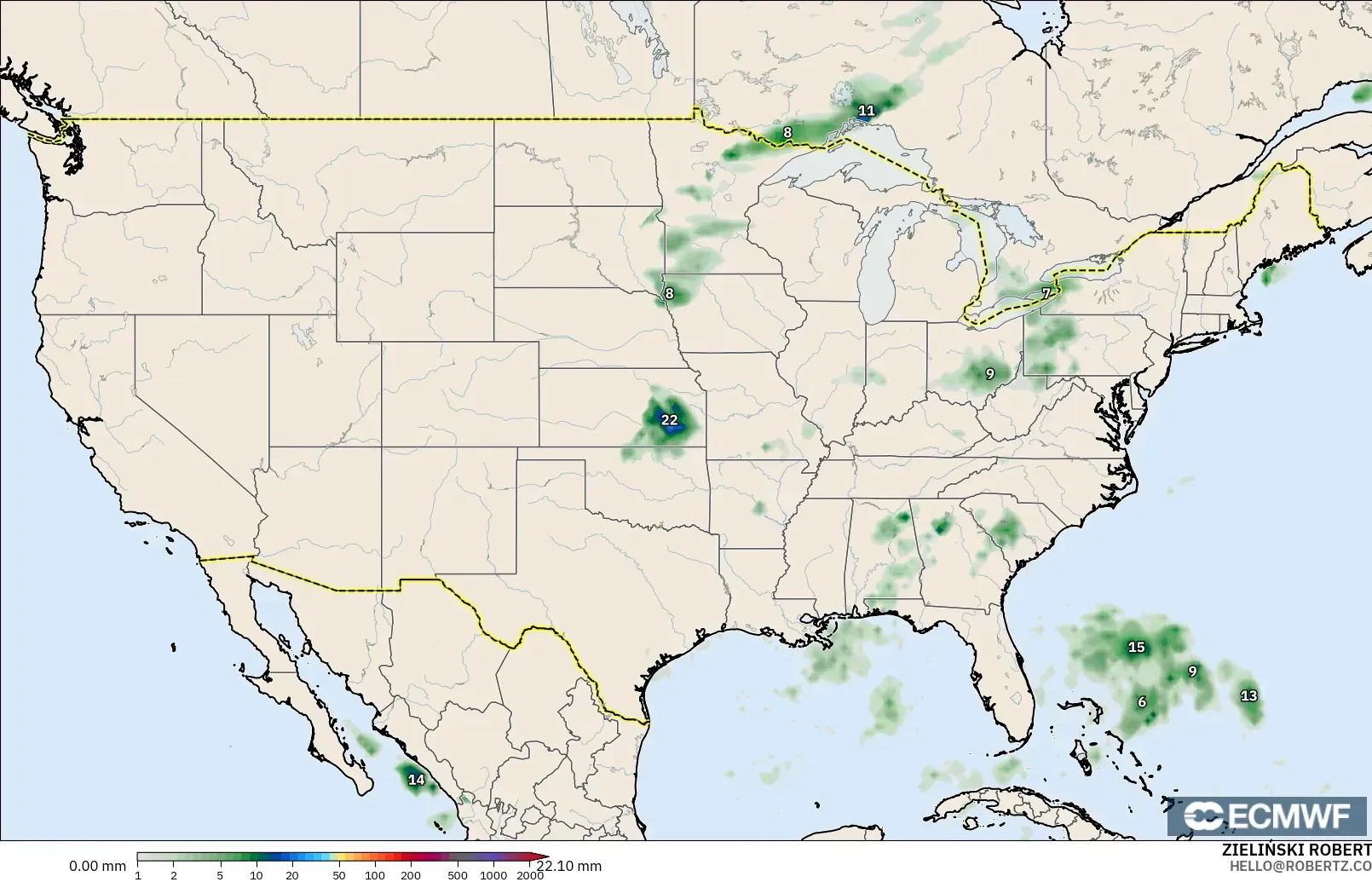 ECMWF IFS 0.25° модель - АҚШ, Жауын-шашын Жинақталуы