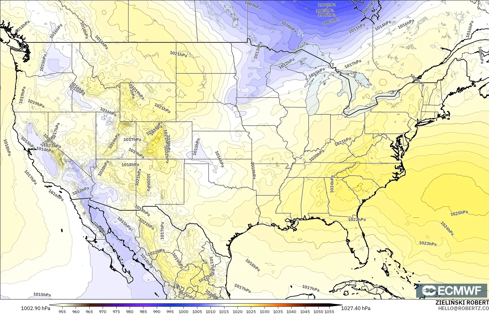 ECMWF IFS 0.25° модель - АҚШ, Қысым