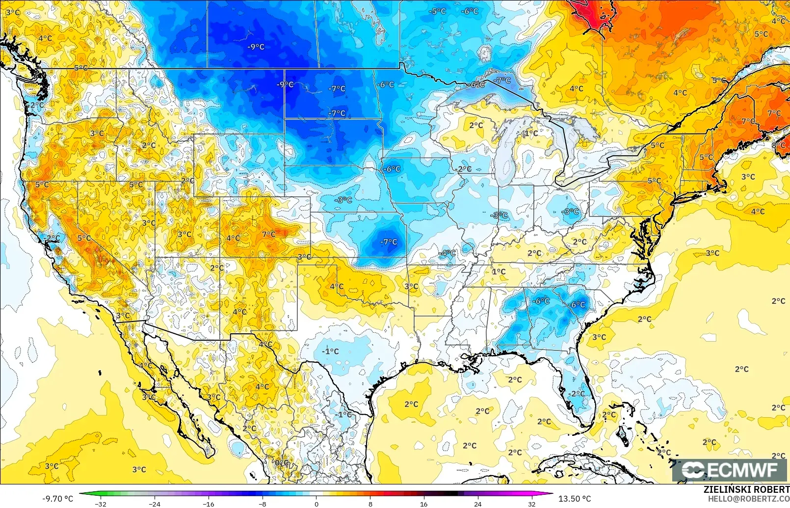 ECMWF IFS 0.25° модель - АҚШ, 2 м Температура Аномалиясы