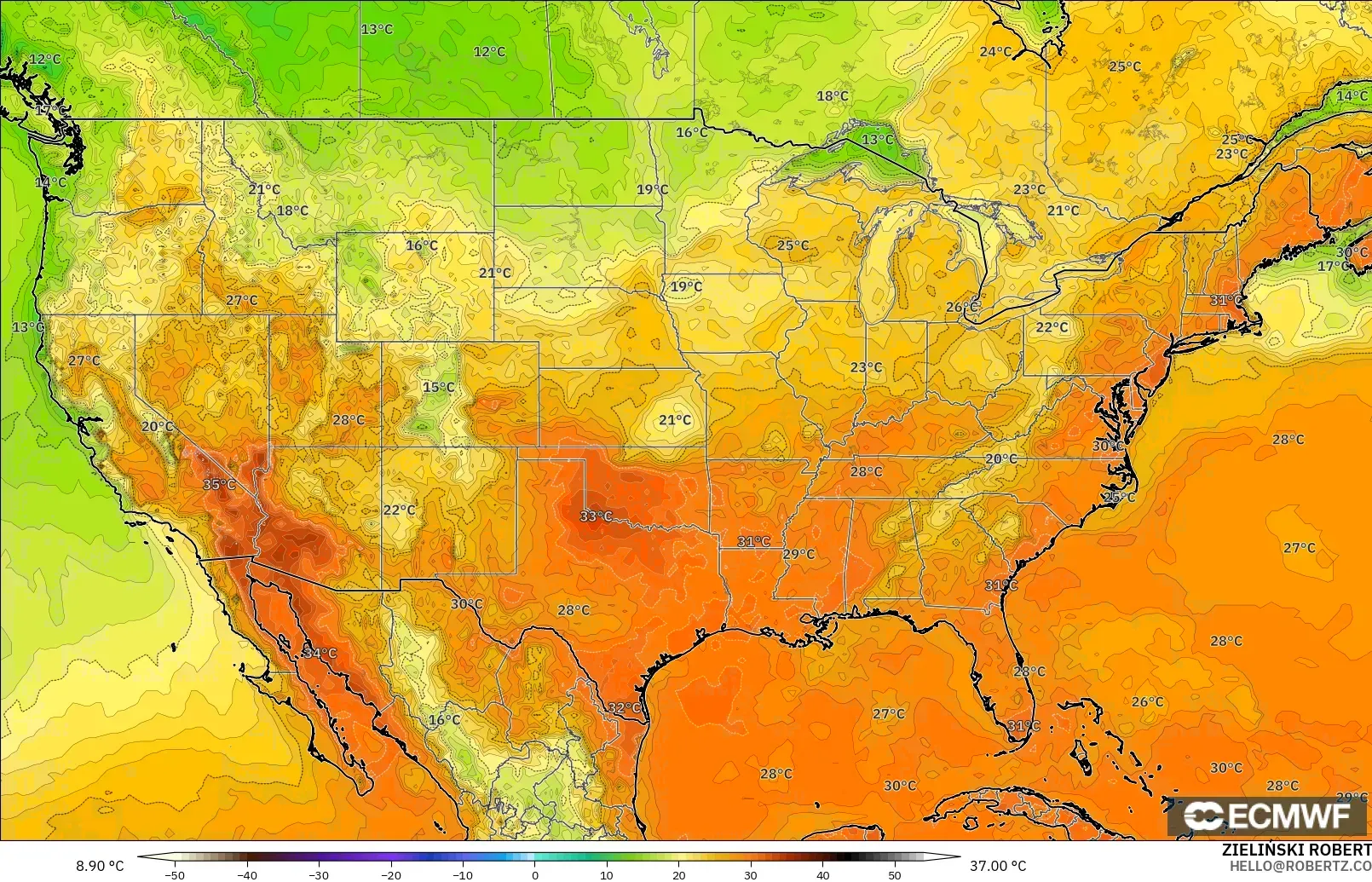 ECMWF IFS 0.25° модель - АҚШ, Температура 2 м