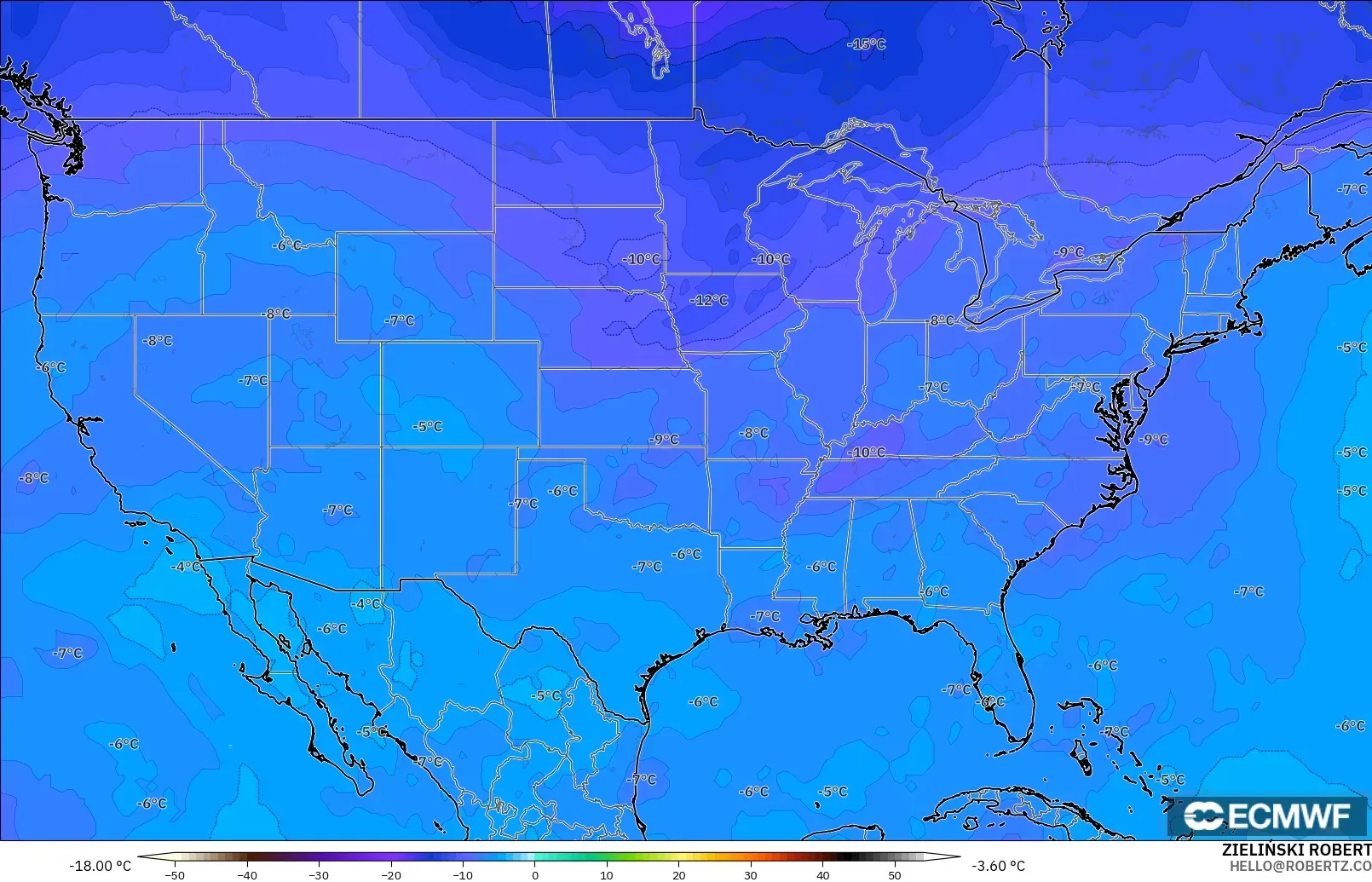 ECMWF IFS 0.25° модель - АҚШ, Температура 500 hPa