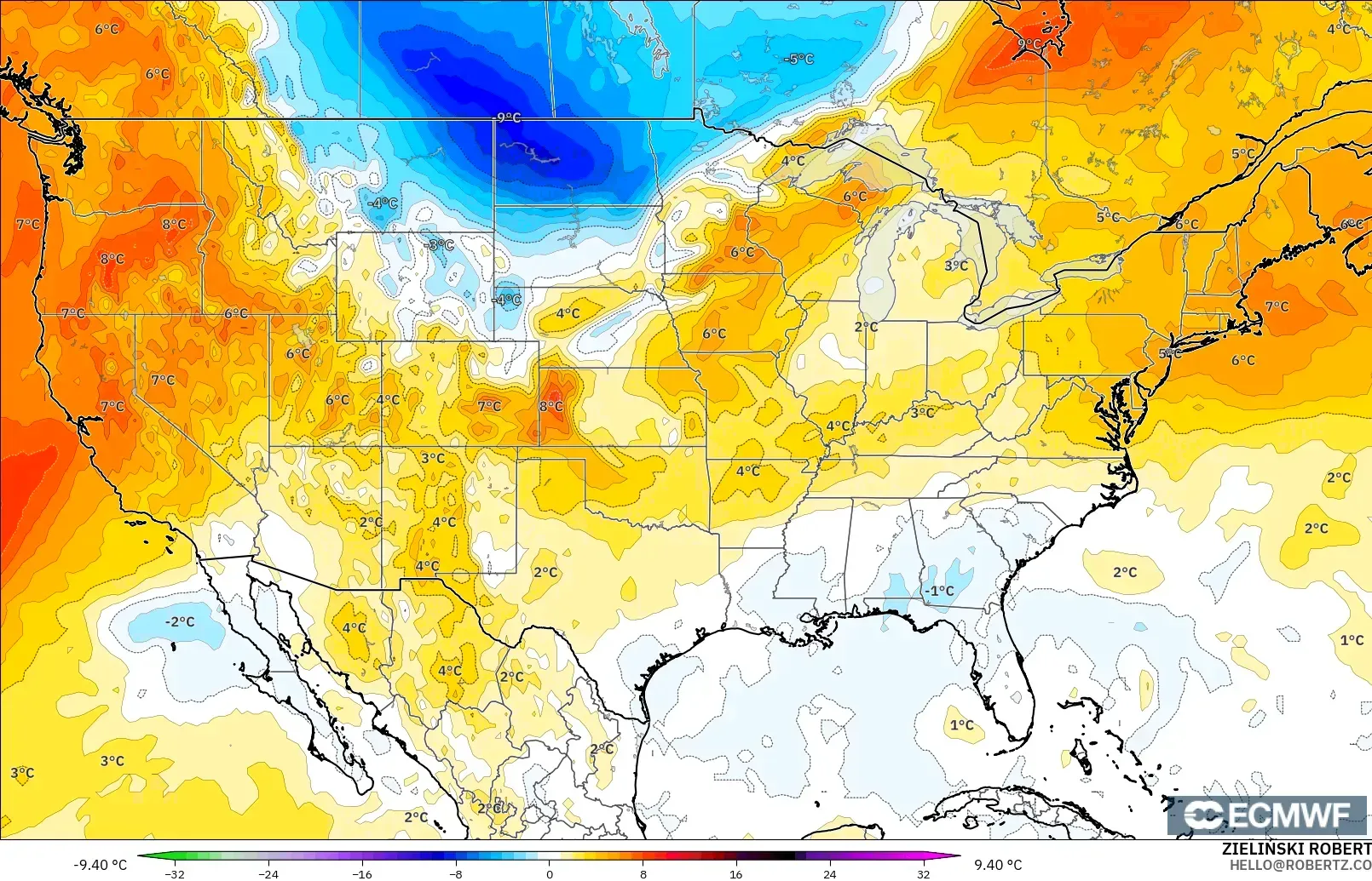 ECMWF IFS 0.25° модель - АҚШ, 850 hPa Температура Аномалиясы