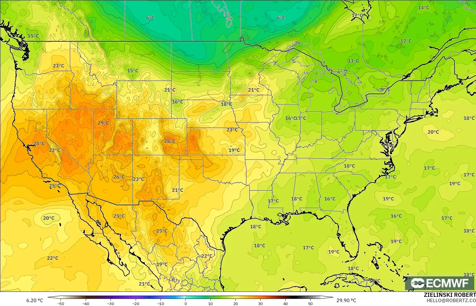 ECMWF IFS 0.25° модель - АҚШ, Температура 850 hPa