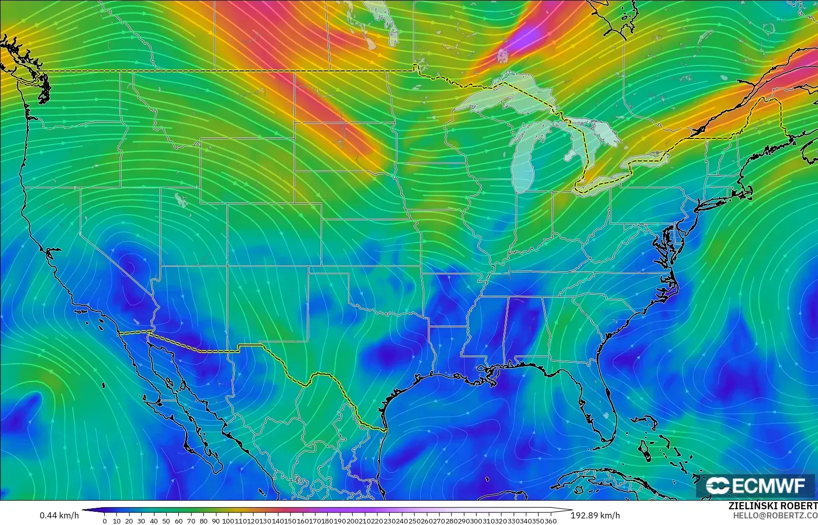 ECMWF IFS 0.25° модель - АҚШ, Жел 300 hPa (жайт ағысы)