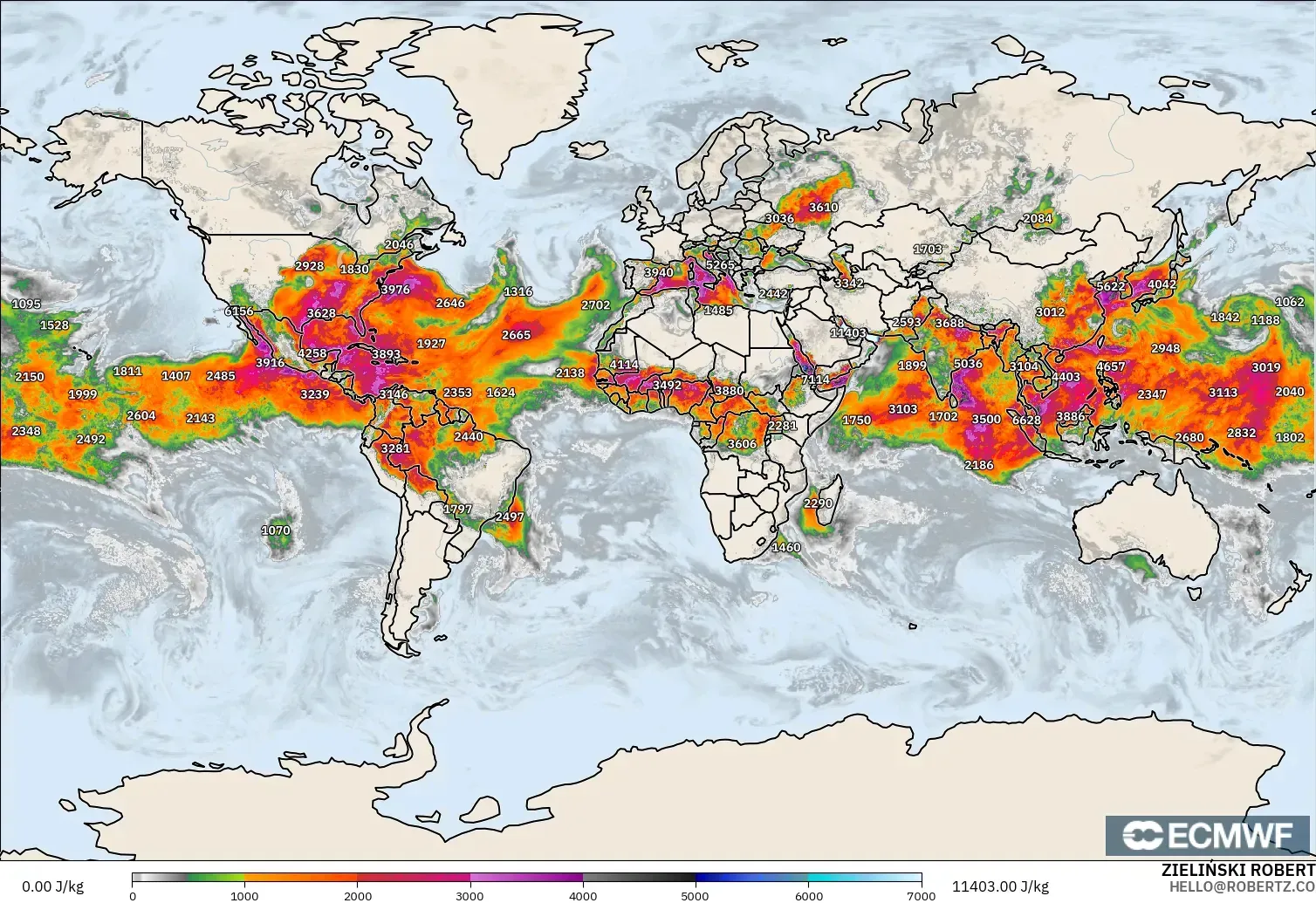 ECMWF IFS 0.25° модель - Әлем, CAPE
