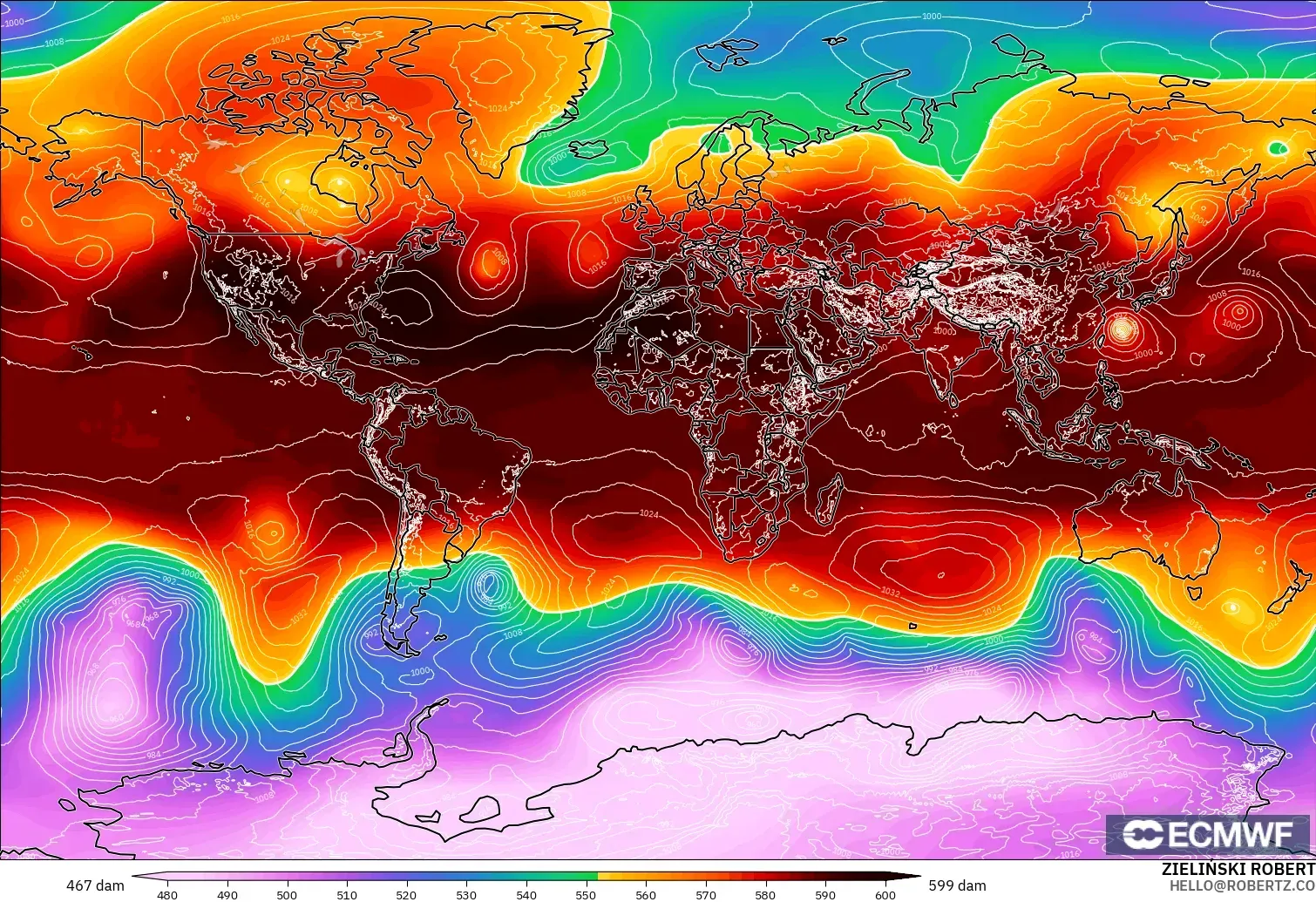 ECMWF IFS 0.25° модель - Әлем, 500 гПа деңгейіндегі геопотенциал биіктігі