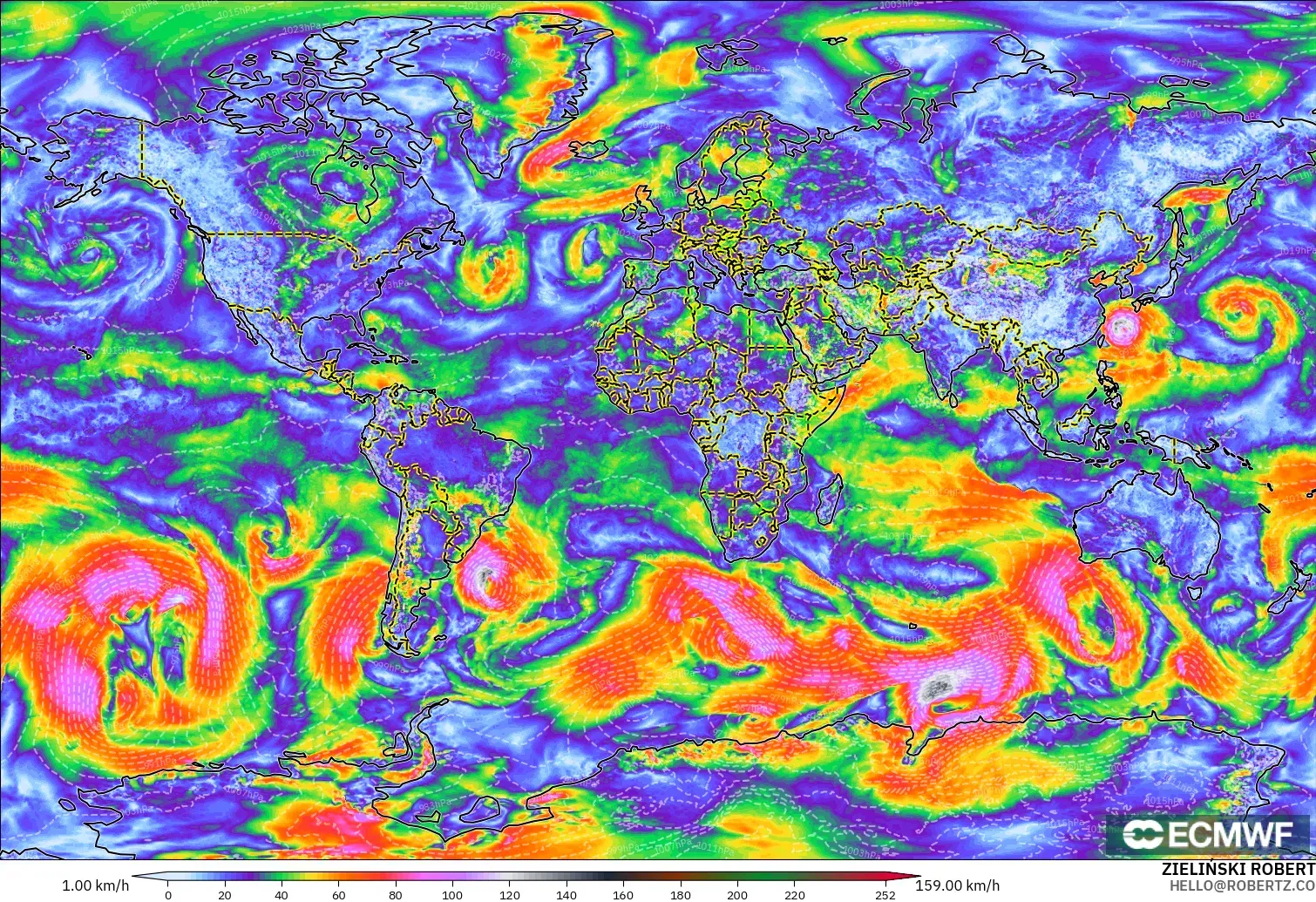 ECMWF IFS 0.25° модель - Әлем, Екпінді Жел