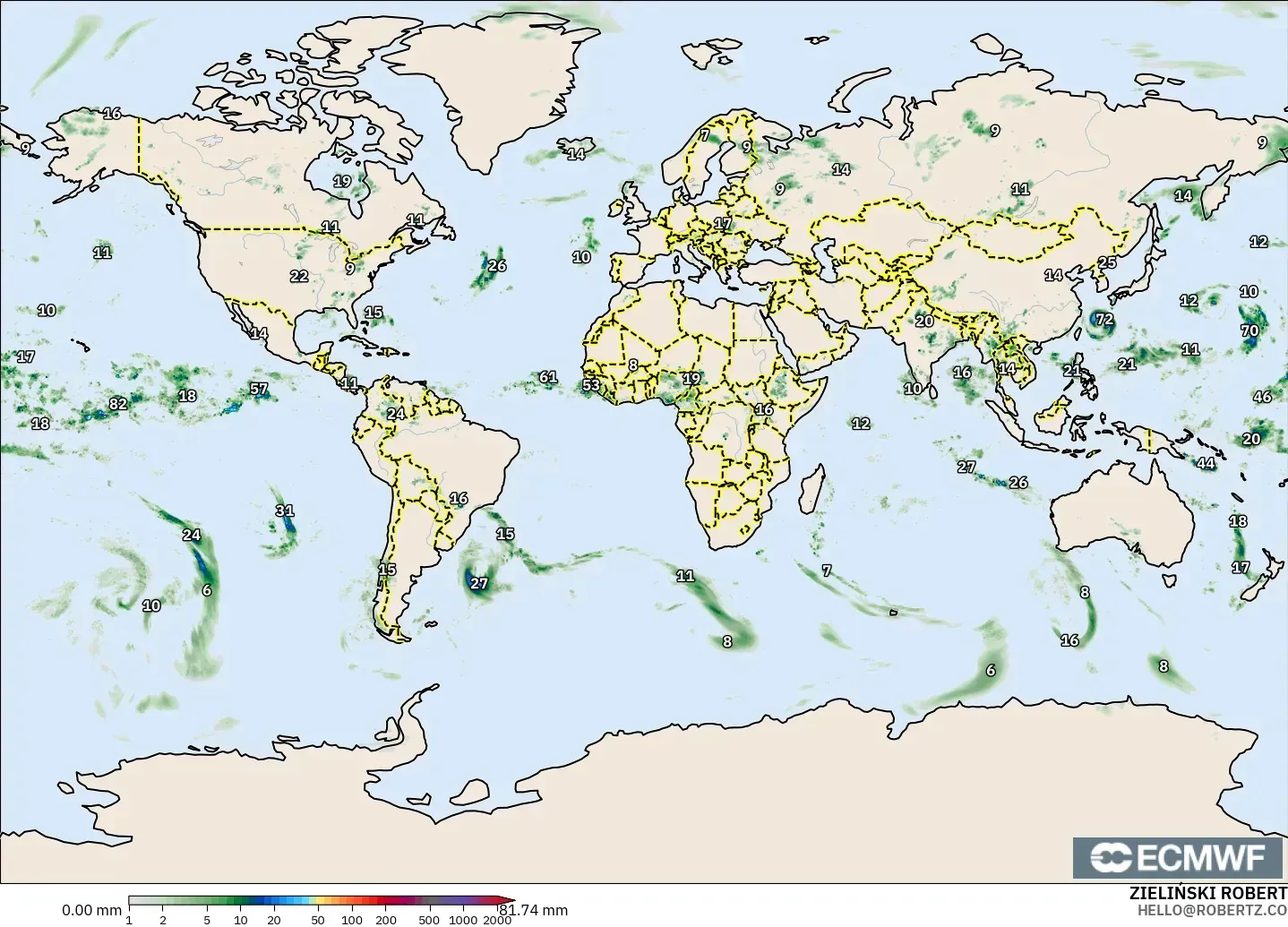 ECMWF IFS 0.25° модель - Әлем, Жауын-шашын Жинақталуы