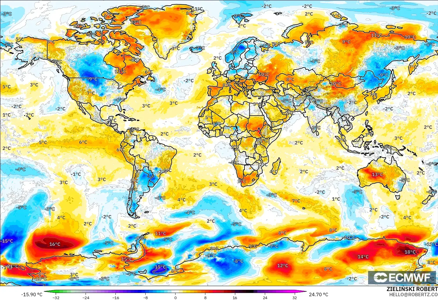 ECMWF IFS 0.25° модель - Әлем, 2 м Температура Аномалиясы