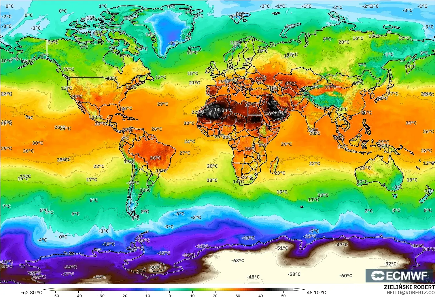 ECMWF IFS 0.25° модель - Әлем, Температура 2 м