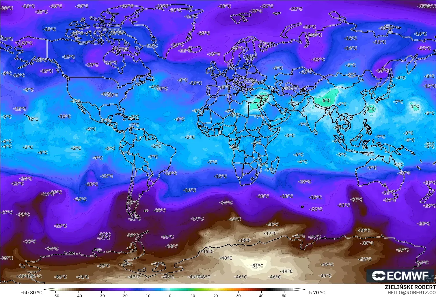 ECMWF IFS 0.25° модель - Әлем, Температура 500 hPa
