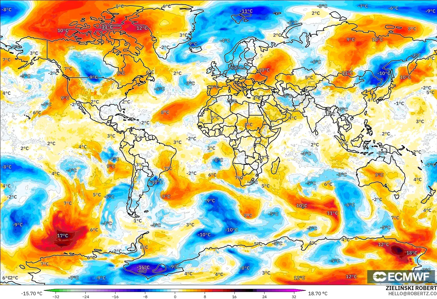 ECMWF IFS 0.25° модель - Әлем, 850 hPa Температура Аномалиясы