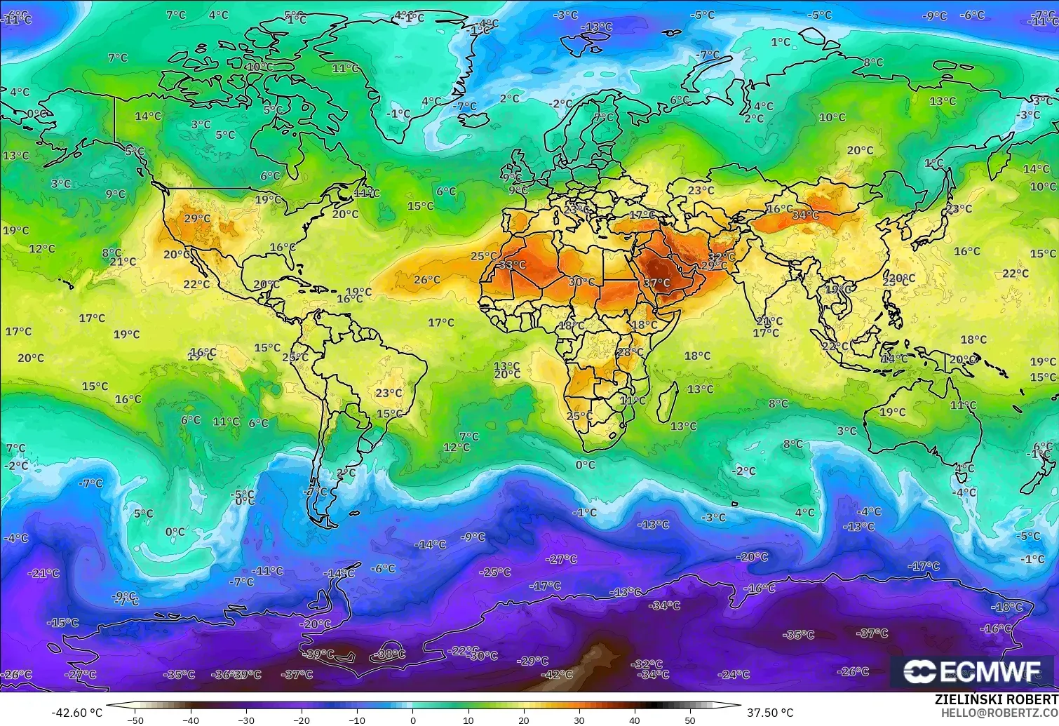 ECMWF IFS 0.25° модель - Әлем, Температура 850 hPa