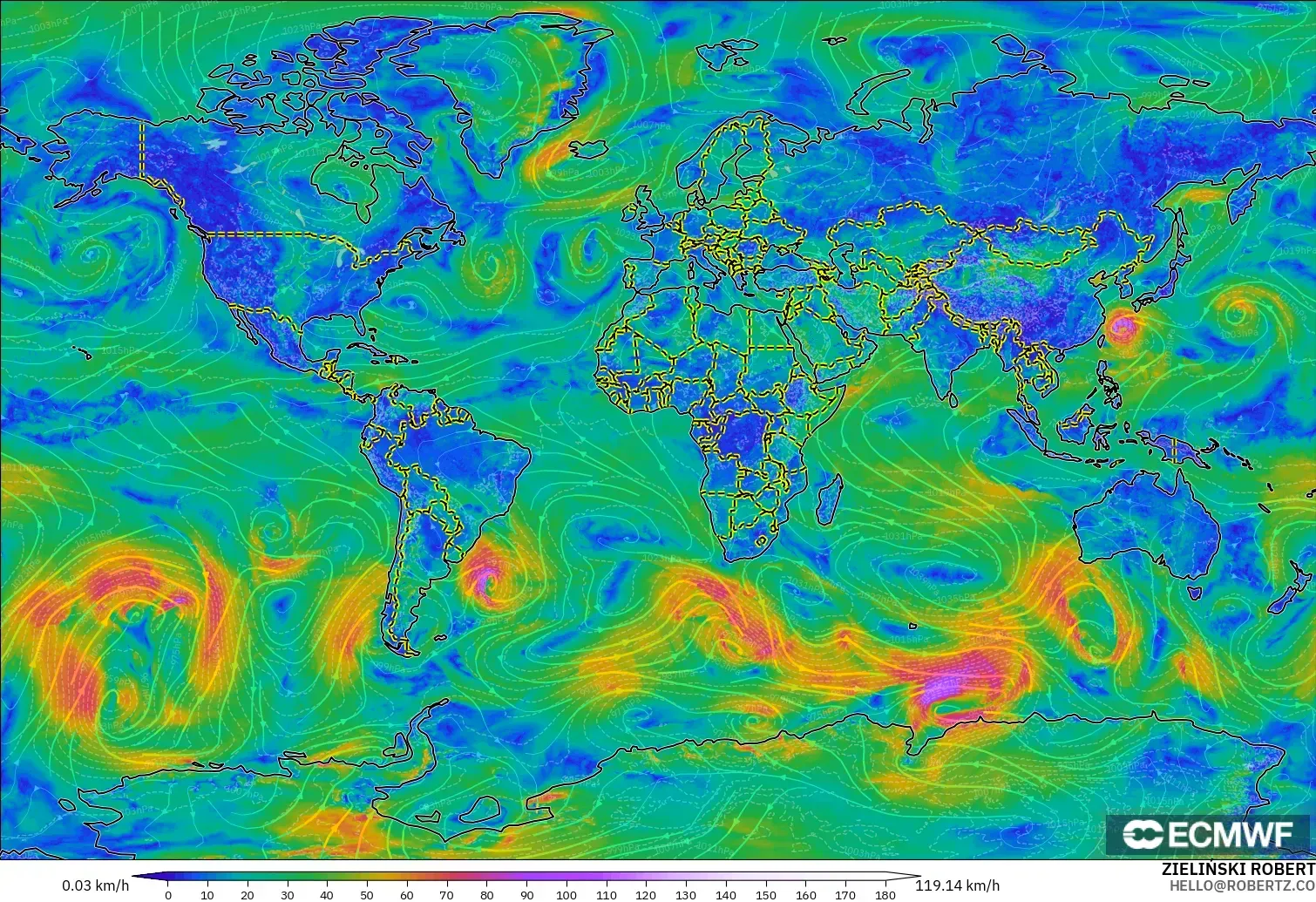ECMWF IFS 0.25° модель - Әлем, Жел 10 м