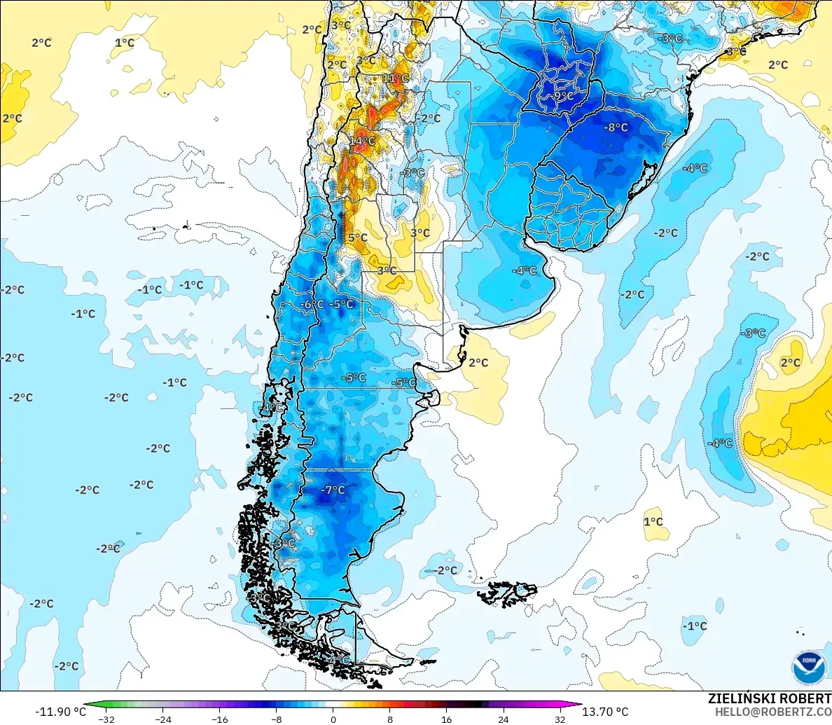 GFS модель - Аргентина, 2 м Температура Аномалиясы