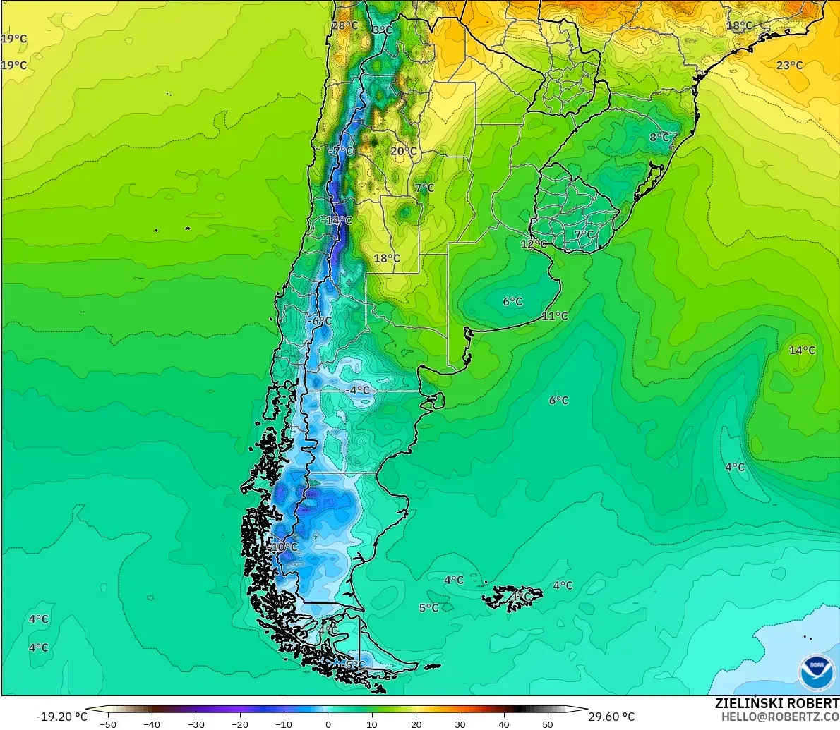 GFS модель - Аргентина, Температура 2 м