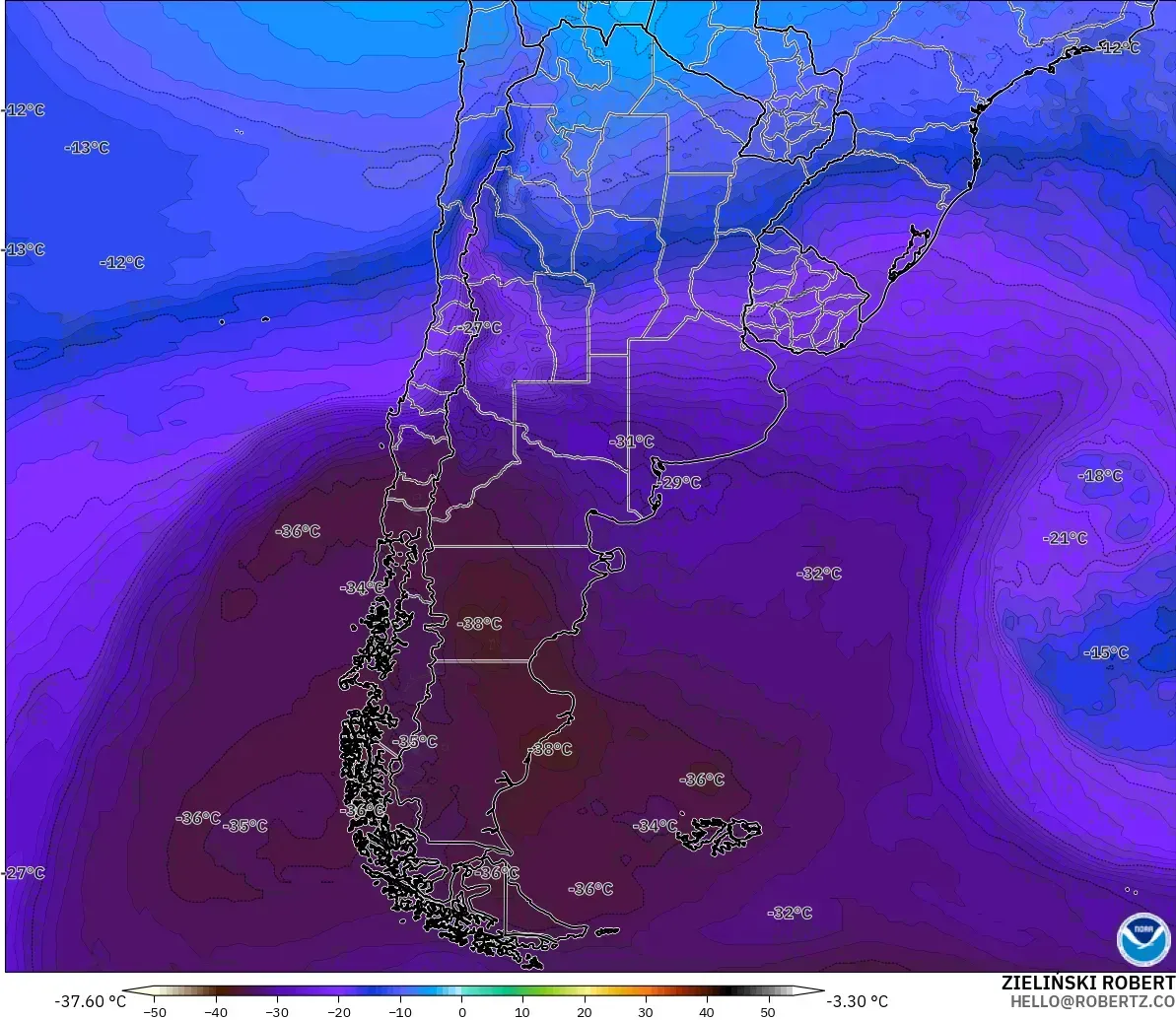 GFS модель - Аргентина, Температура 500 hPa