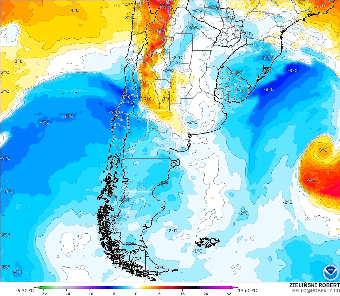 GFS модель - Аргентина, 850 hPa Температура Аномалиясы