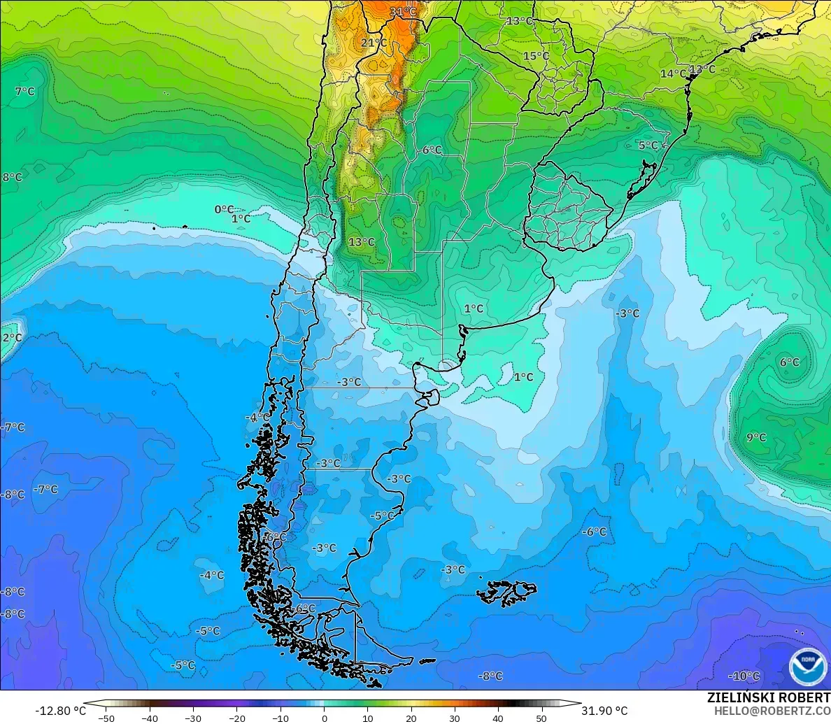 GFS модель - Аргентина, Температура 850 hPa