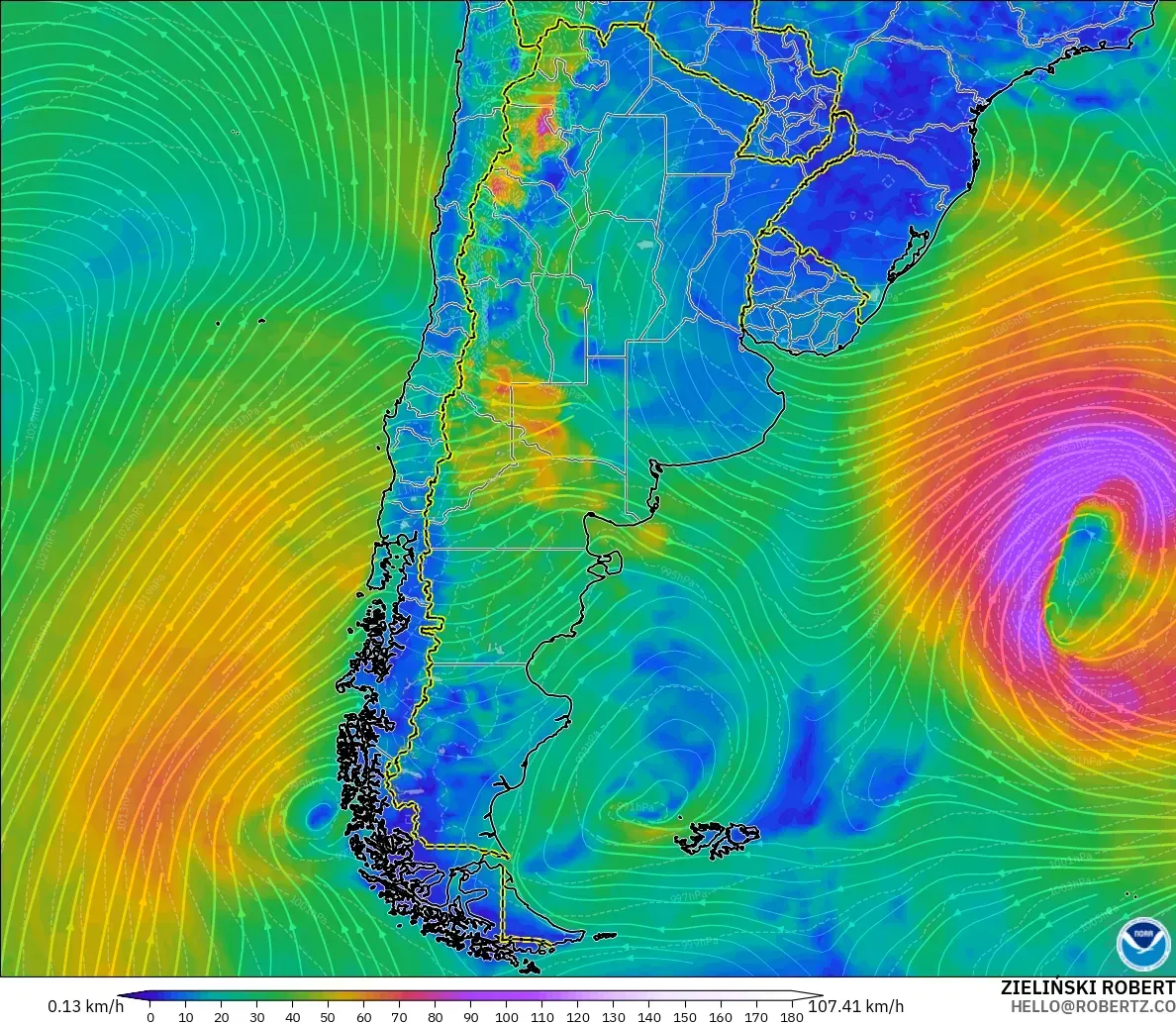 GFS модель - Аргентина, Жел 10 м