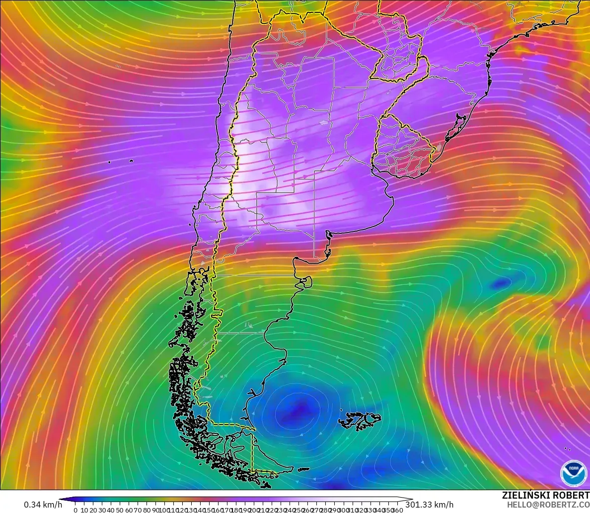GFS модель - Аргентина, Жел 300 hPa (жайт ағысы)