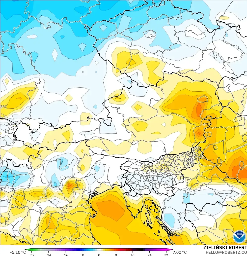 GFS модель - Австрия, 2 м Температура Аномалиясы