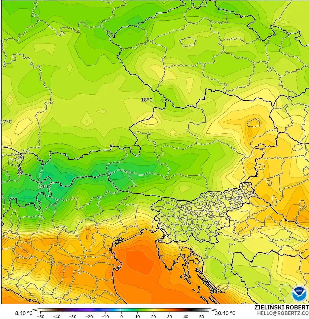 GFS модель - Австрия, Температура 2 м