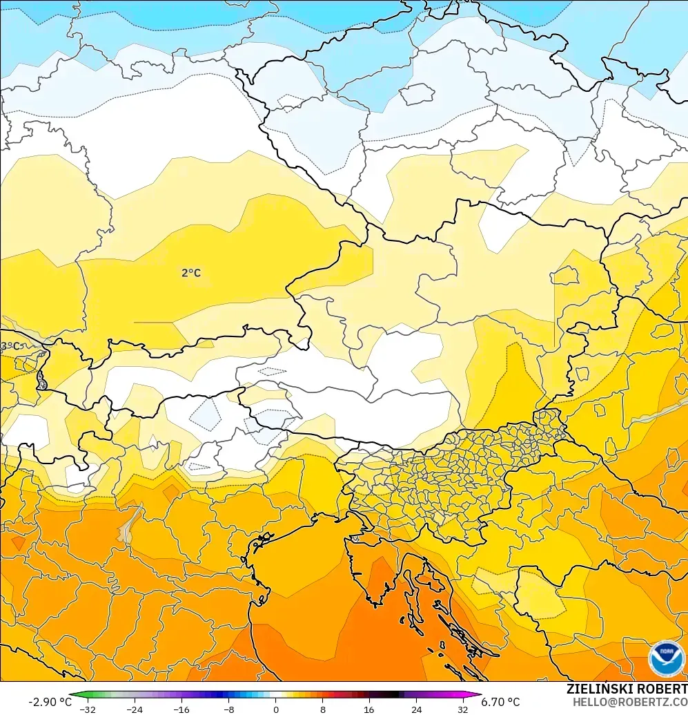 GFS модель - Австрия, 850 hPa Температура Аномалиясы
