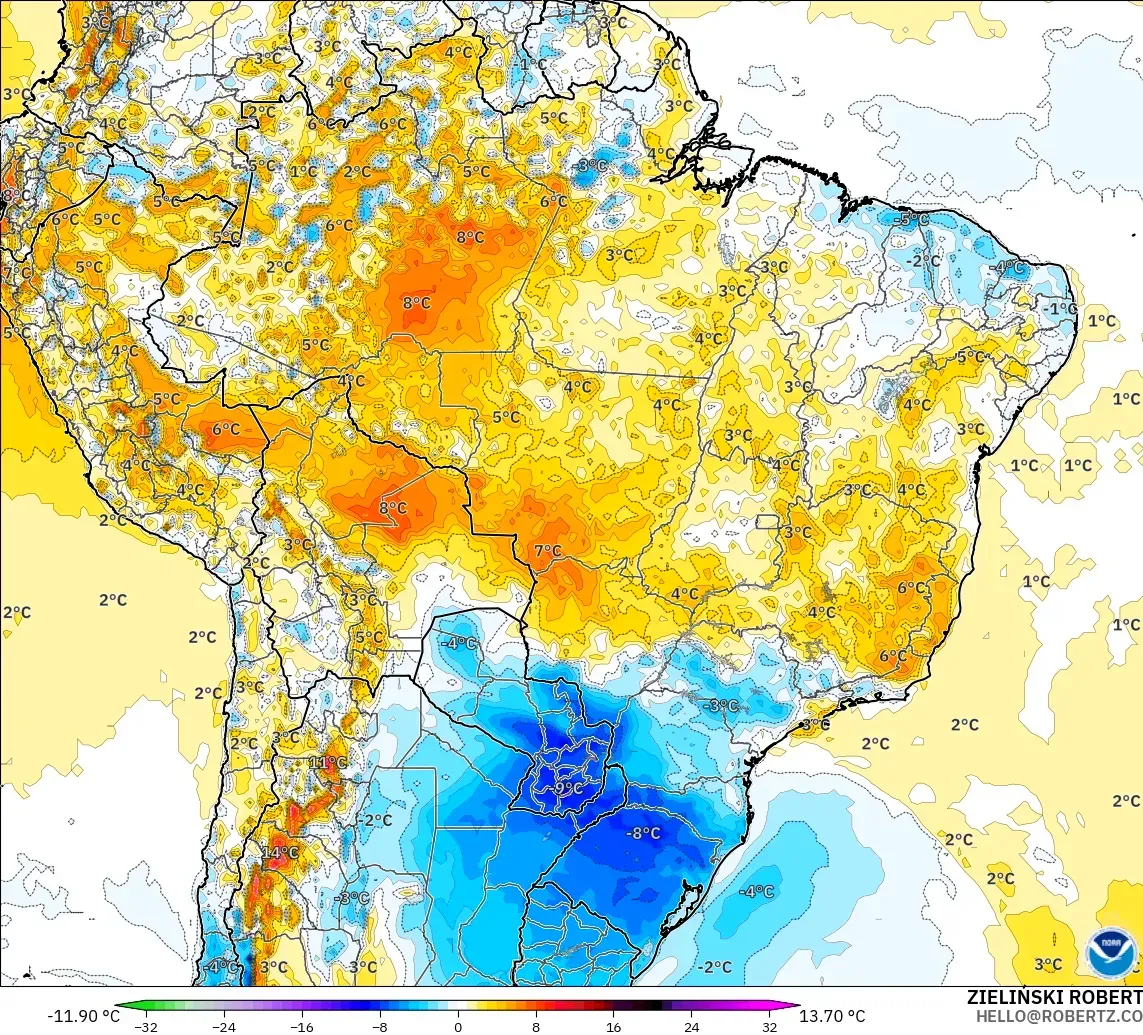 GFS модель - Бразилия, 2 м Температура Аномалиясы