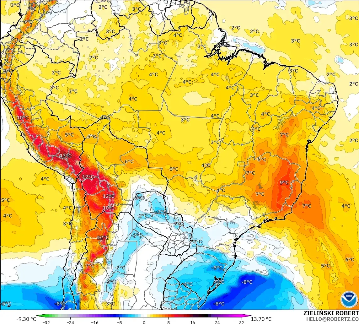 GFS модель - Бразилия, 850 hPa Температура Аномалиясы
