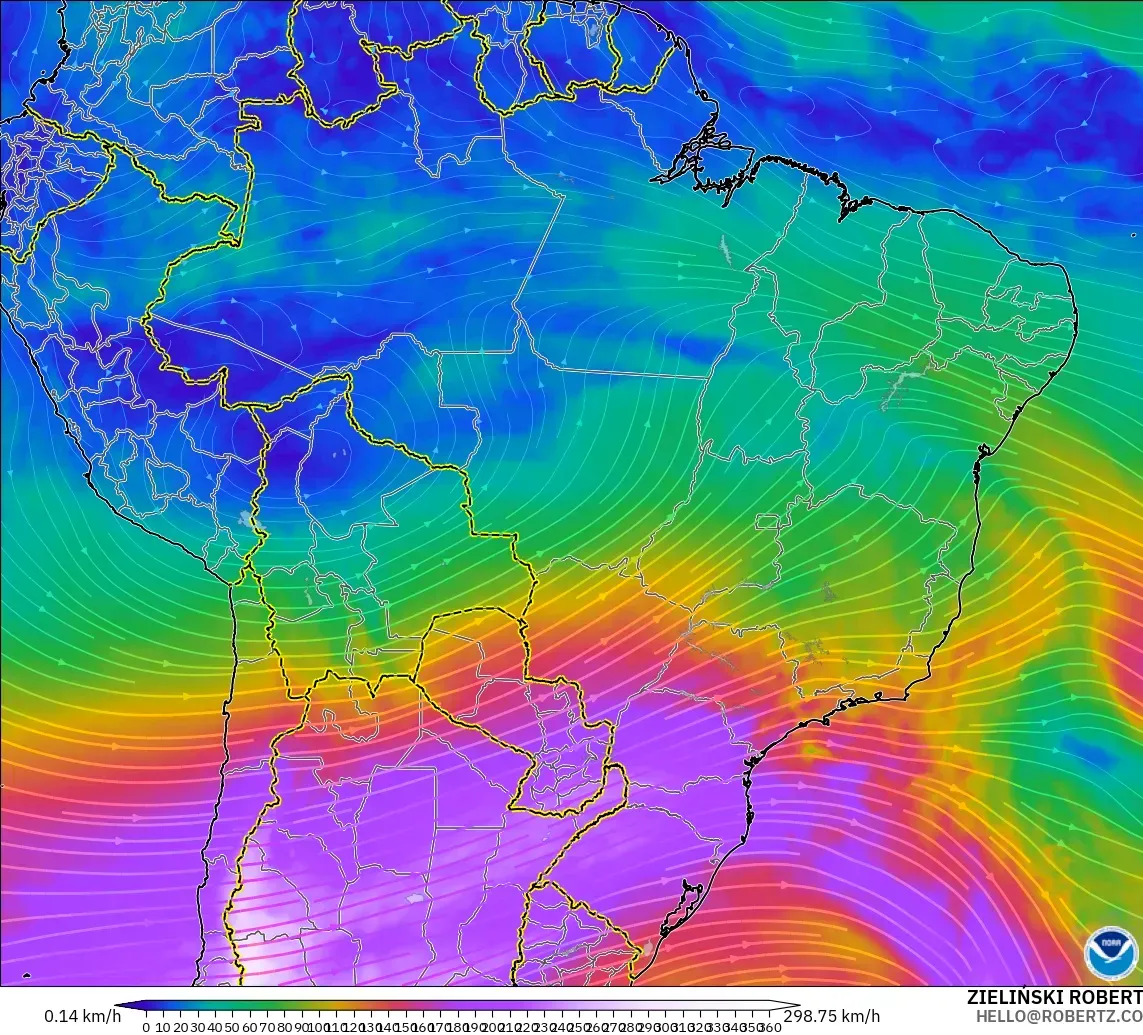 GFS модель - Бразилия, Жел 300 hPa (жайт ағысы)