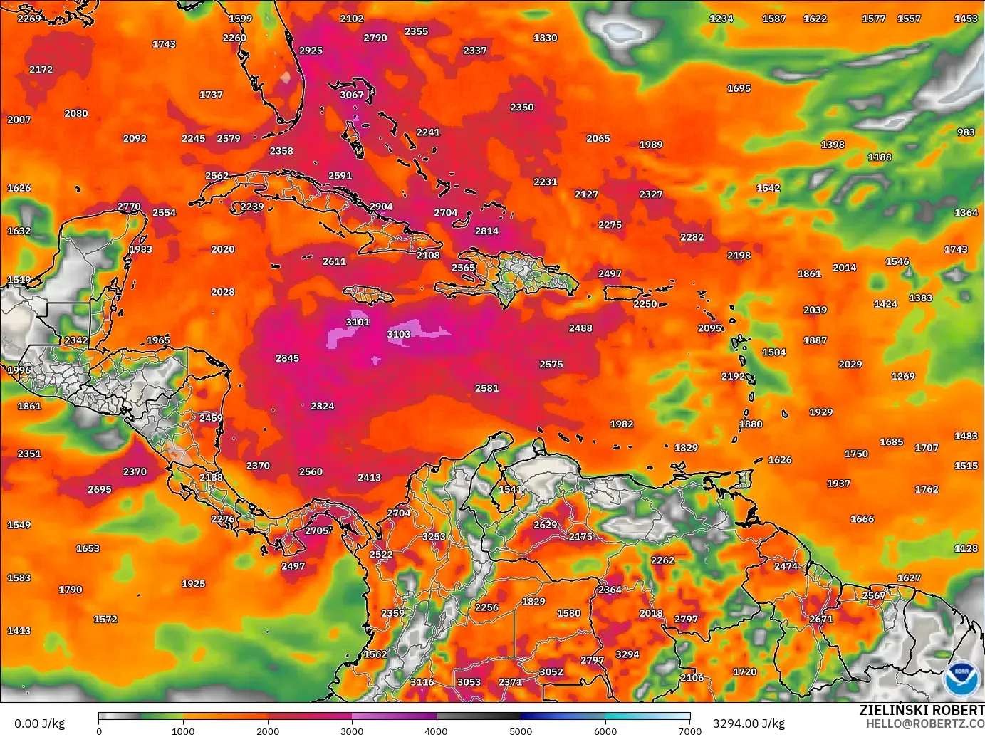 GFS модель - Кариб теңізі, CAPE