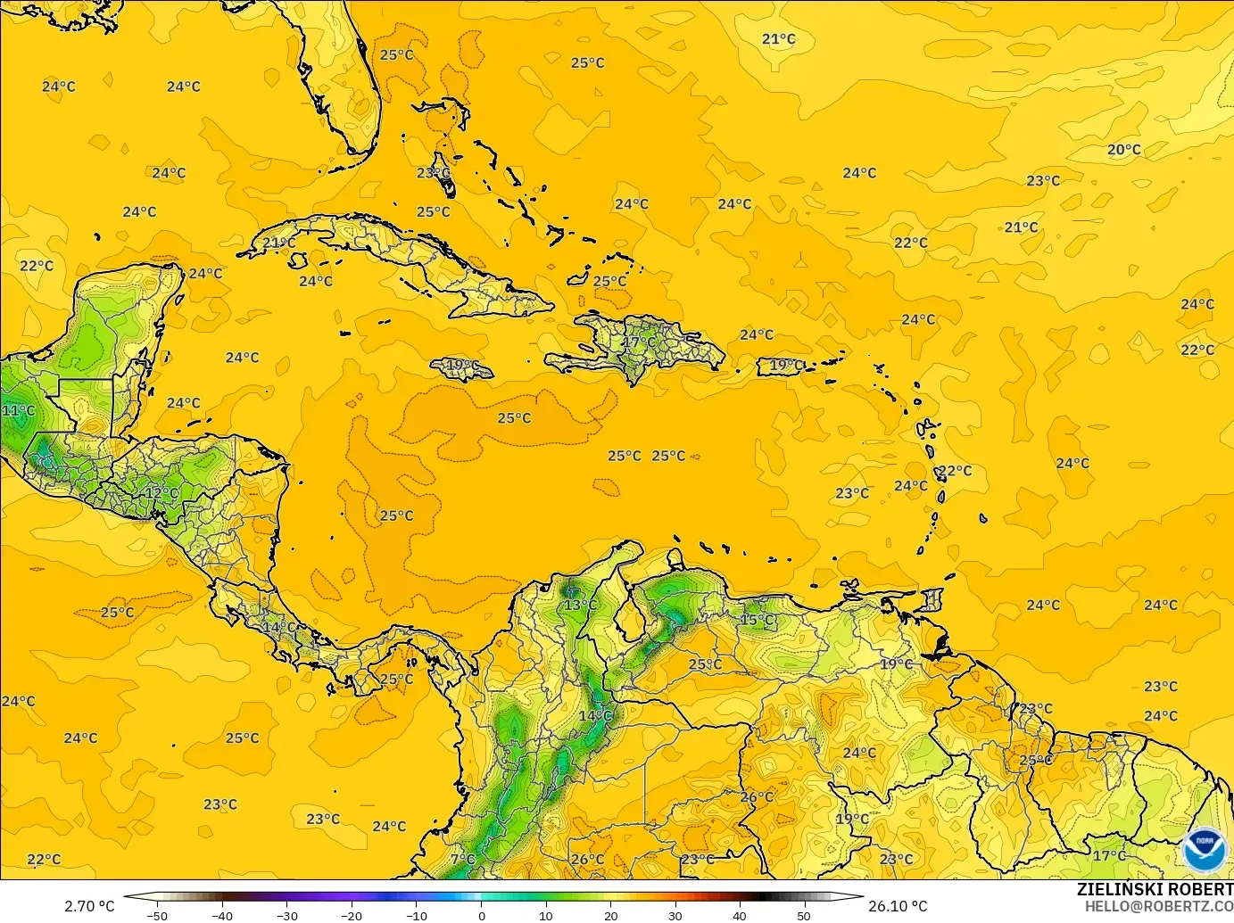 GFS модель - Кариб теңізі, Шық Нүктесі 2 м