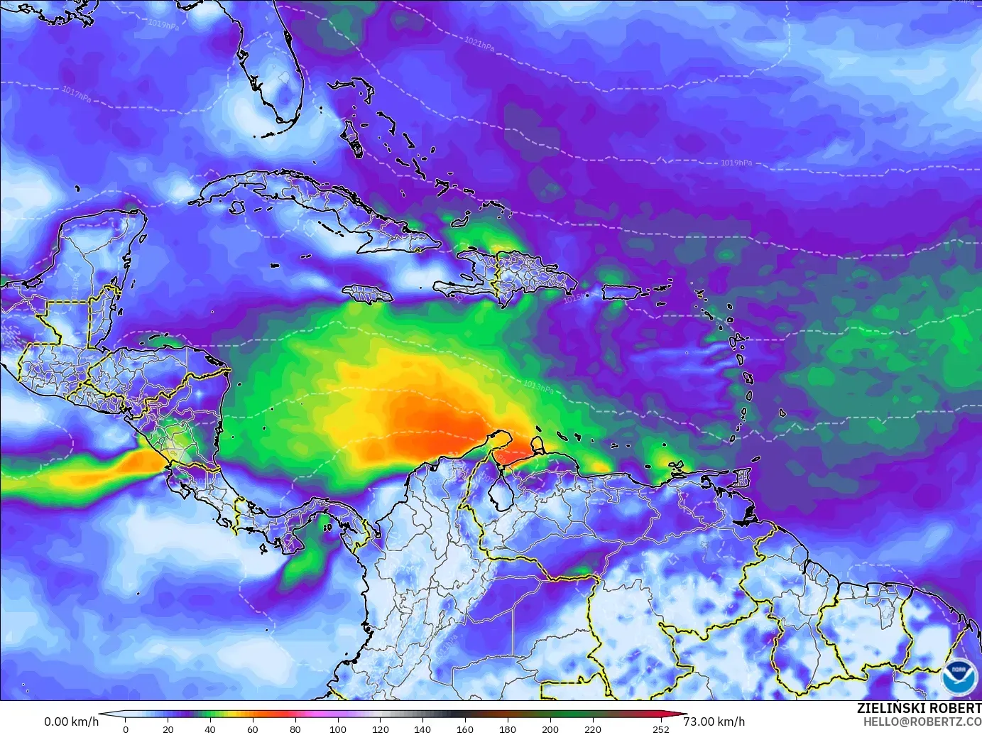 GFS модель - Кариб теңізі, Екпінді Жел