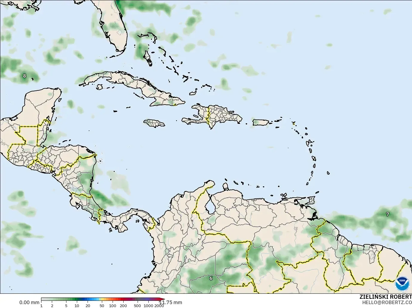 GFS модель - Кариб теңізі, Жауын-шашын Жинақталуы