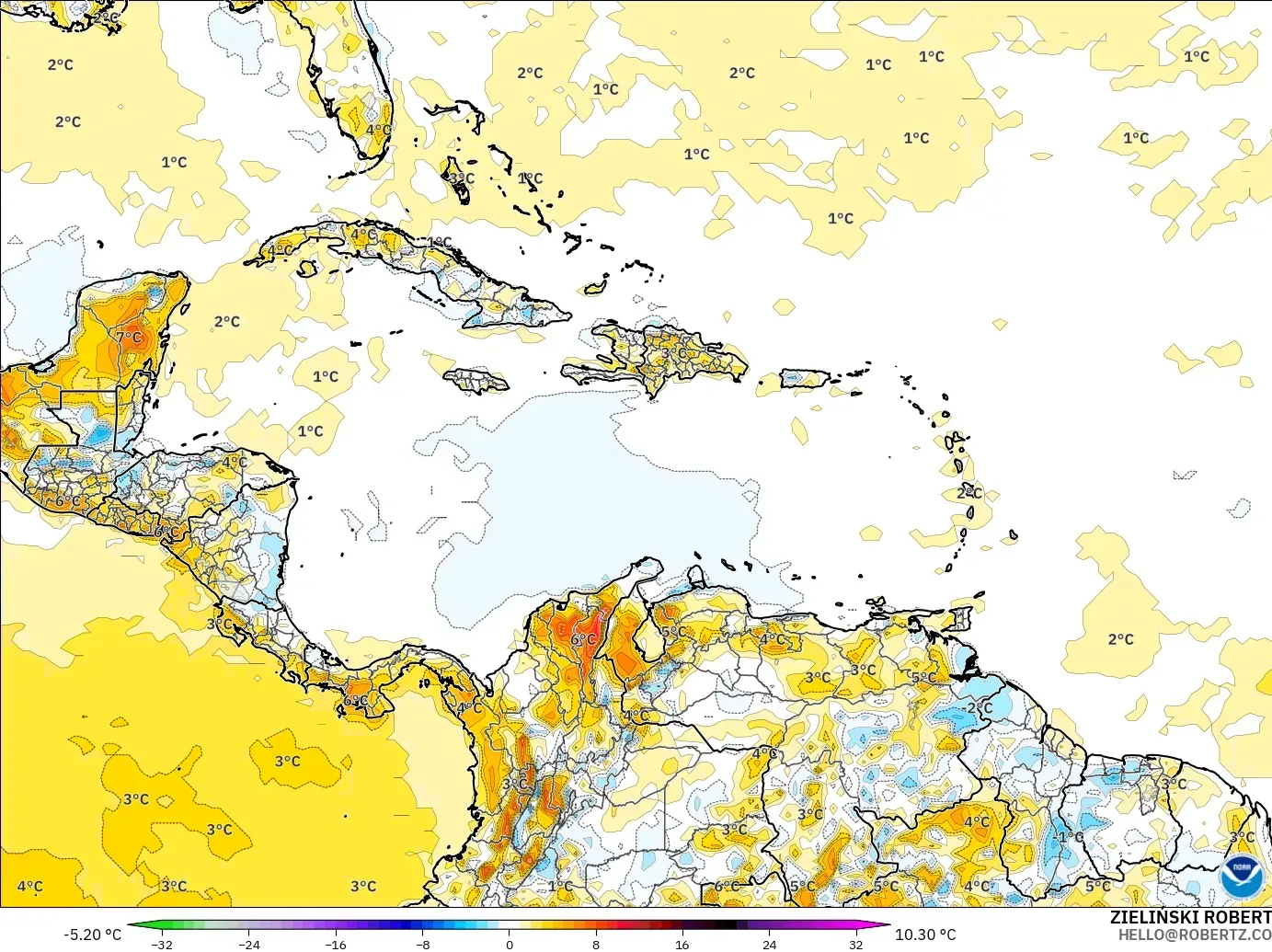 GFS модель - Кариб теңізі, 2 м Температура Аномалиясы