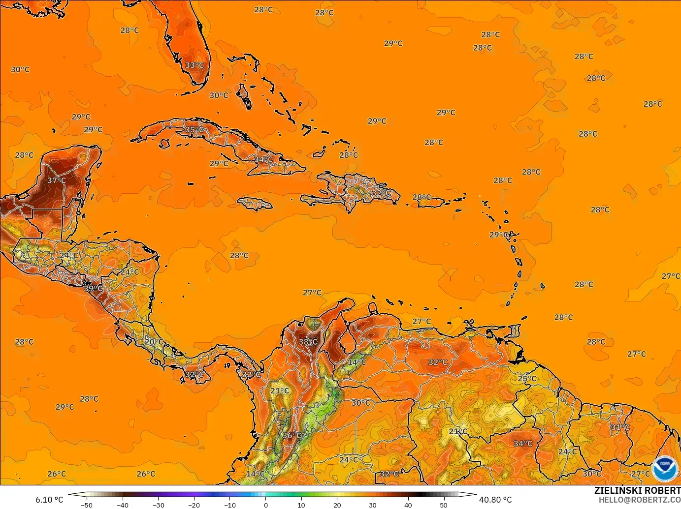 GFS модель - Кариб теңізі, Температура 2 м