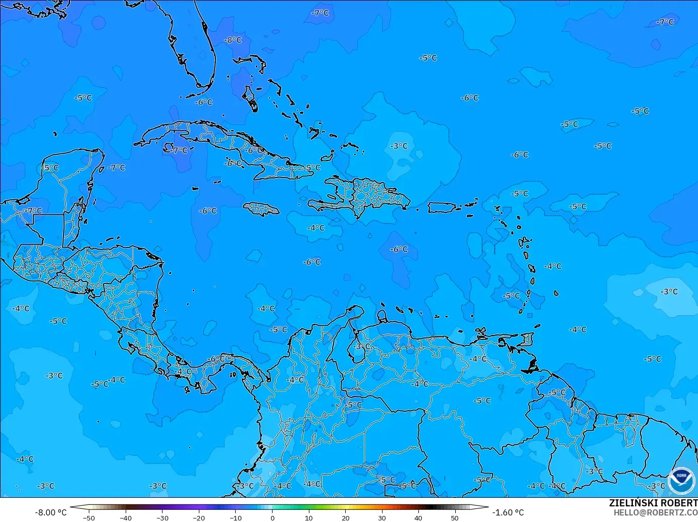 GFS модель - Кариб теңізі, Температура 500 hPa