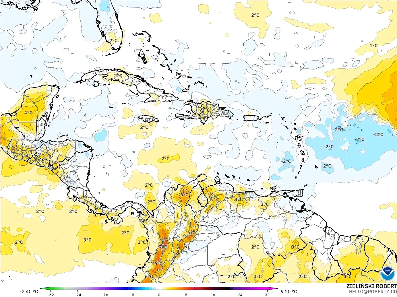 GFS модель - Кариб теңізі, 850 hPa Температура Аномалиясы