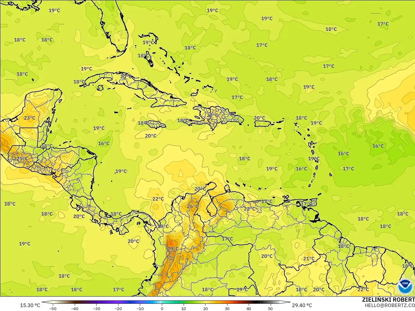 GFS модель - Кариб теңізі, Температура 850 hPa