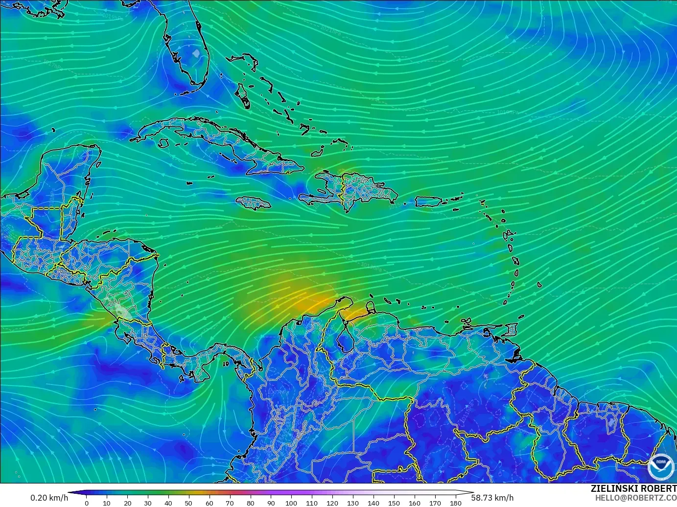 GFS модель - Кариб теңізі, Жел 10 м