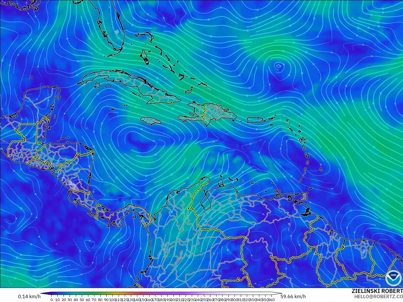 GFS модель - Кариб теңізі, Жел 300 hPa (жайт ағысы)
