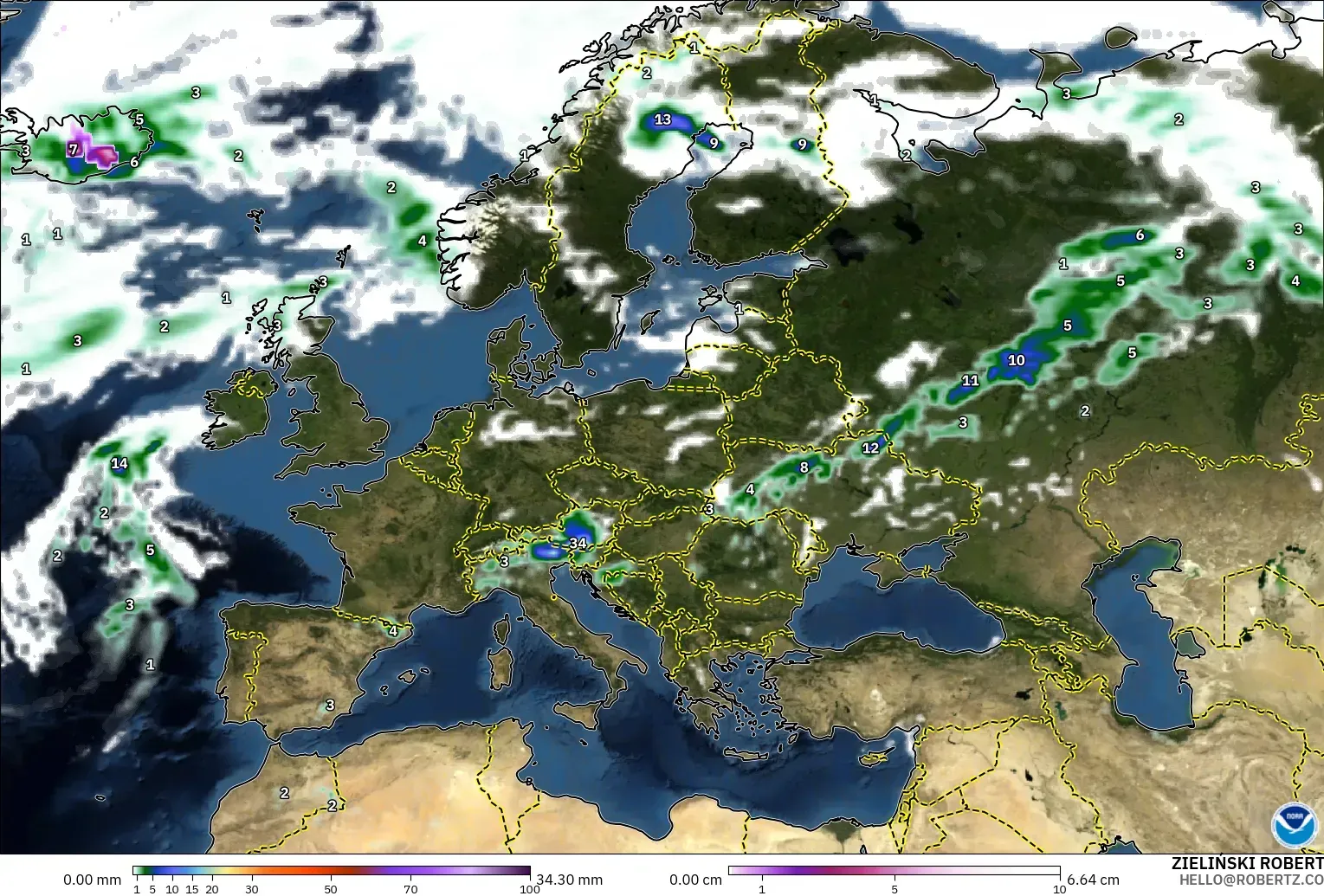 GFS модель - Еуропа, Жауын-шашын, Бұлт және Қысым