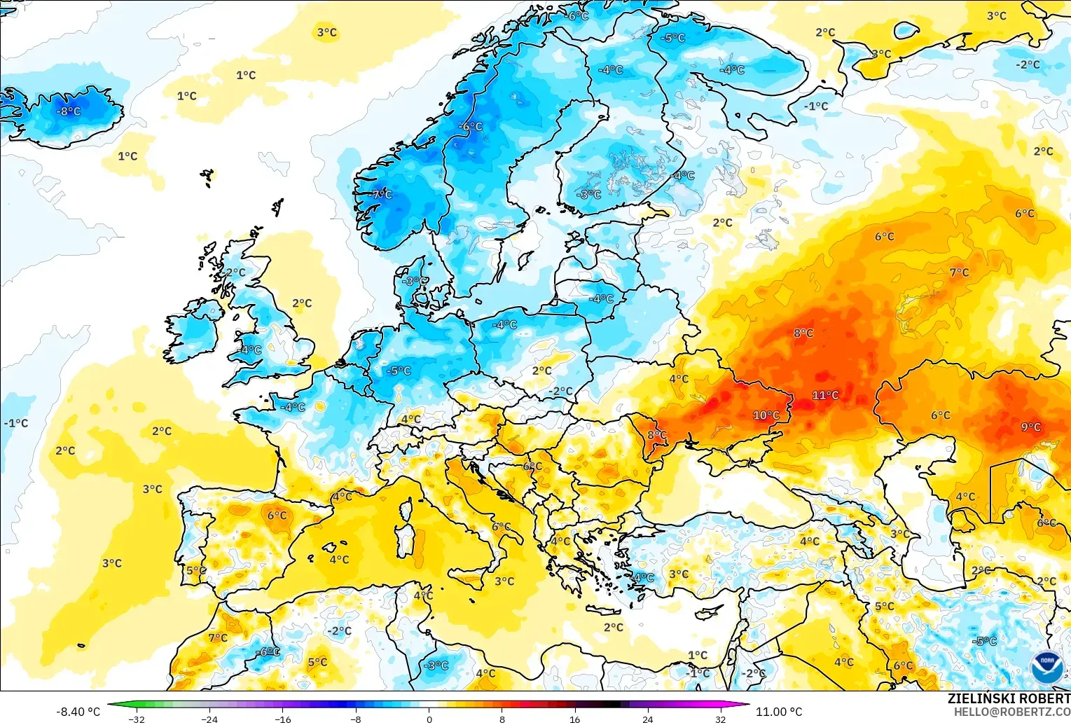 GFS модель - Еуропа, 2 м Температура Аномалиясы